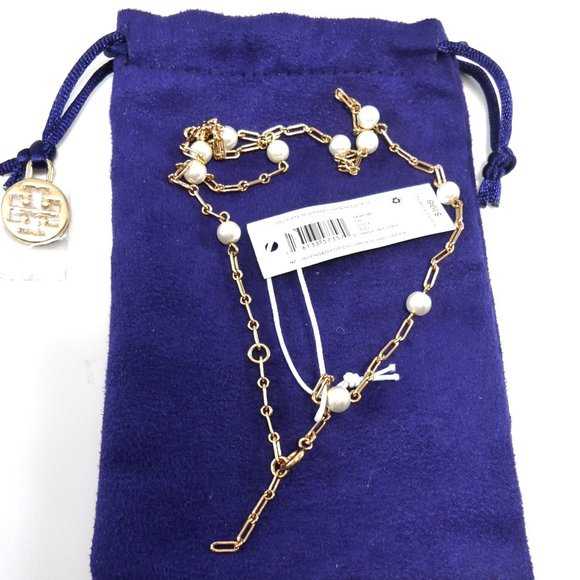 NWT Tory Burch Thin Roxanne Imitation Pearl Detailed 18K-plated Chain Necklace - Picture 8 of 11